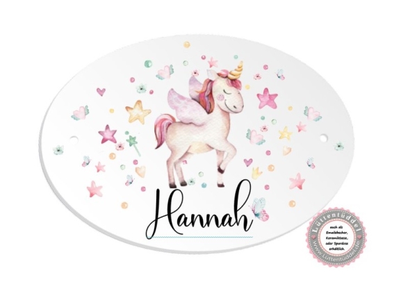 zauberhaftes ovales Türschild mit Einhorn und Wunschname, Kinderzimmer- zur Einschulung, Geburtstag, Taufe, Lüttentüddel®